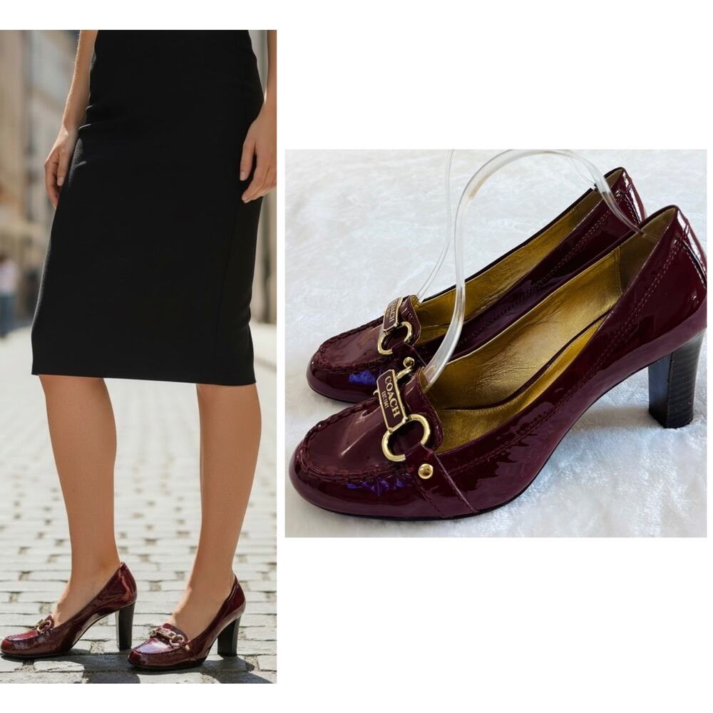 COACH Size 8 charley dark crimson Soft Patent Leather Pumps Heels w Horsebit